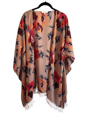 Umgee Tan Floral Kimono Cover-Up with Red and Navy Accents